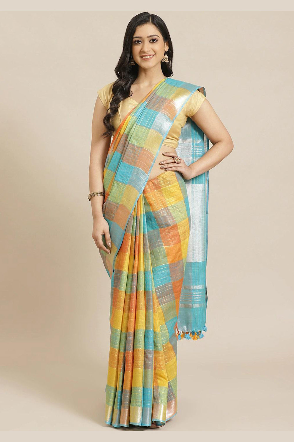 Buy Linen Woven Saree in Yellow