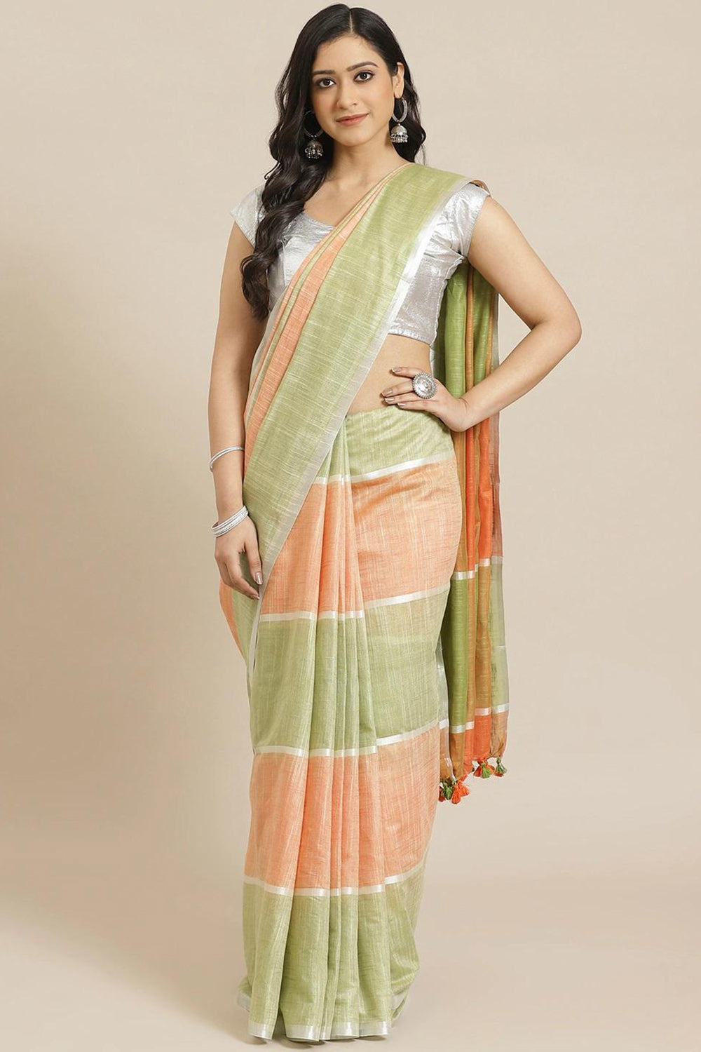 Buy Linen Woven Saree in Orange