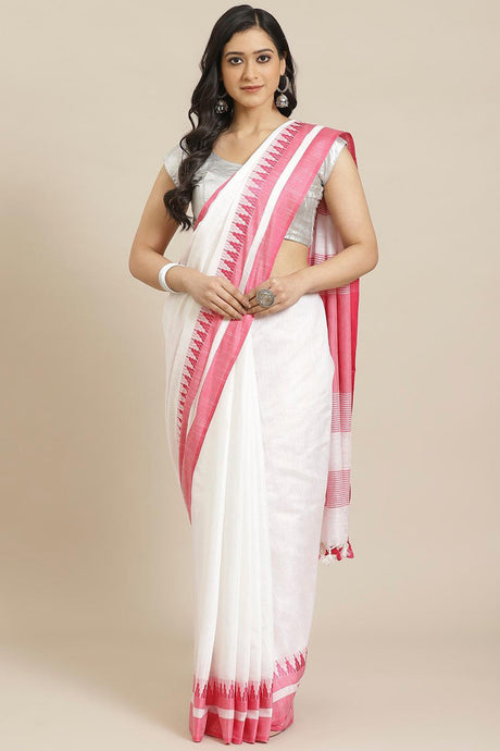 Buy Linen Woven Saree in White