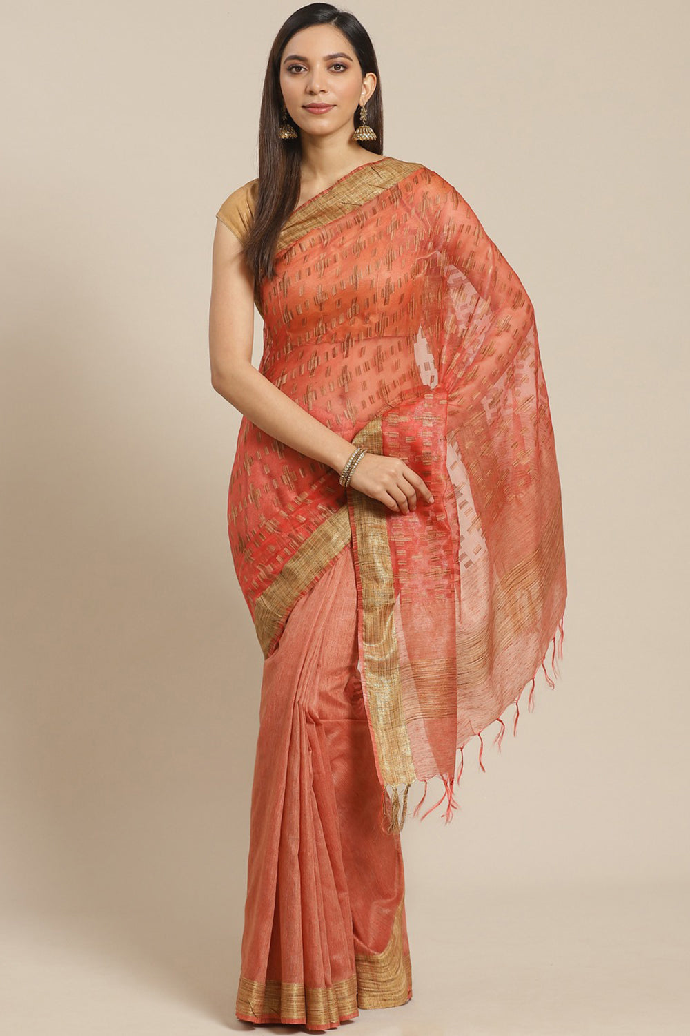 Buy Art Silk Woven Saree in Peach