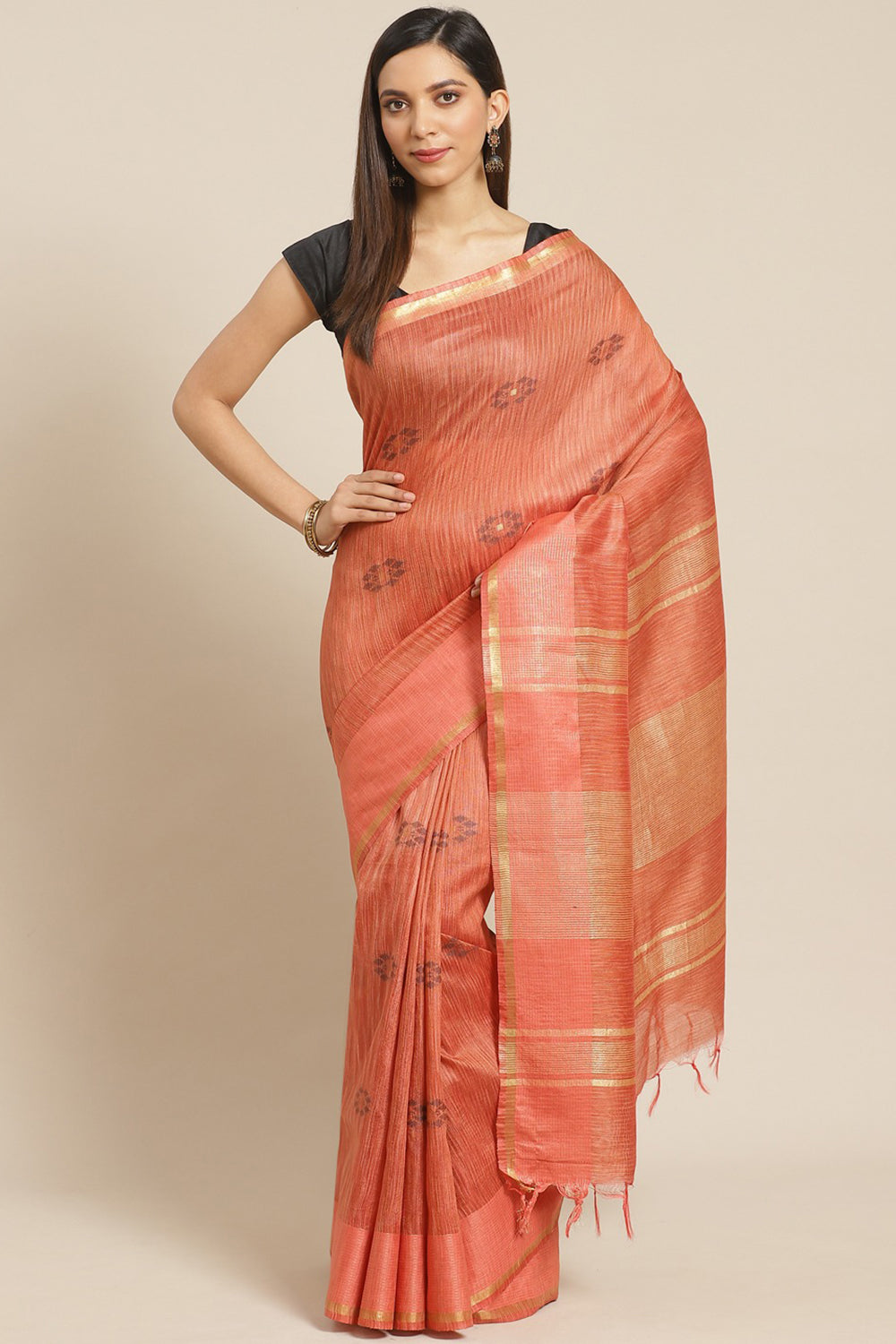 Buy Art Silk Woven Saree in Peach