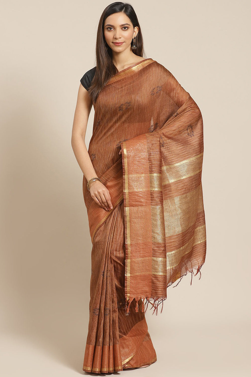 Buy Art Silk Woven Saree in Brown