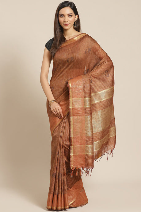 Buy Art Silk Woven Saree in Brown