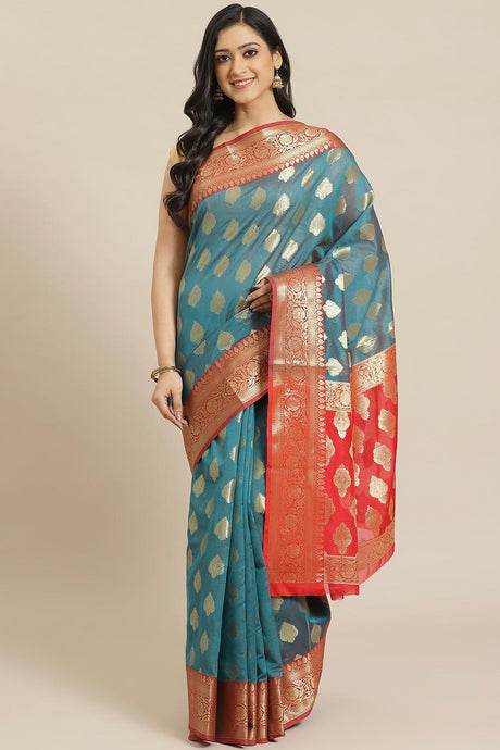 Buy Art Silk Woven Saree in Teal Blue