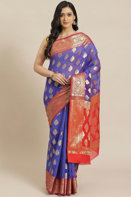 Buy Art Silk Woven Saree in Navy Blue