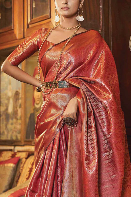 Buy Red Kanjivaram Silk Printed Woven Design Saree Online - KARMAPLACE