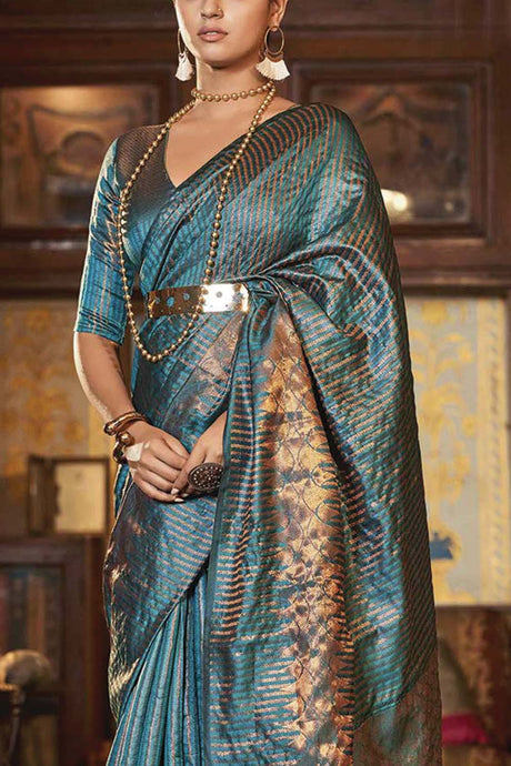 Buy Light Blue Kanjivaram Silk Printed Woven Design Saree Online - KARMAPLACE
