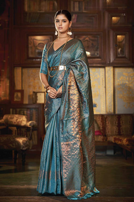 Buy Light Blue Kanjivaram Silk Printed Woven Design Saree Online - KARMAPLACE