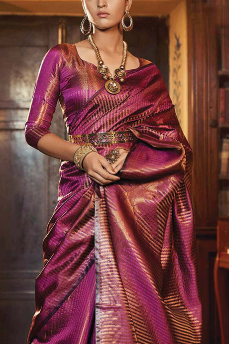 Buy Dark Pink Kanjivaram Silk Printed Woven Design Saree Online - KARMAPLACE