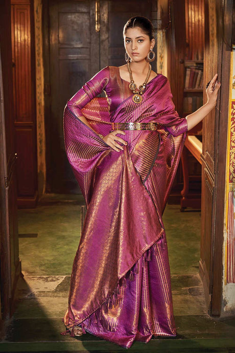 Buy Wine Kanjivaram Silk Printed Woven Design Saree Online - KARMAPLACE