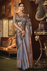 Buy Grey Kanjivaram Silk Printed Woven Design Saree Online - KARMAPLACE