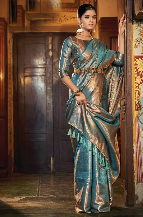 Buy Blue Kanjivaram Silk Printed Woven Design Saree Online - KARMAPLACE