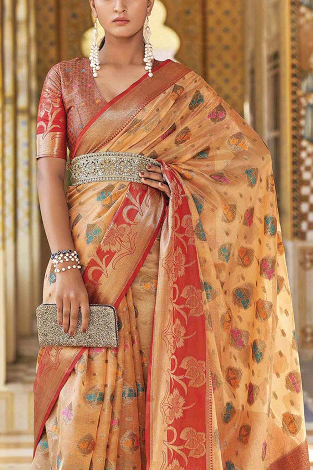 Buy Orange Tissue Silk Printed Woven Design Saree Online - KARMAPLACE