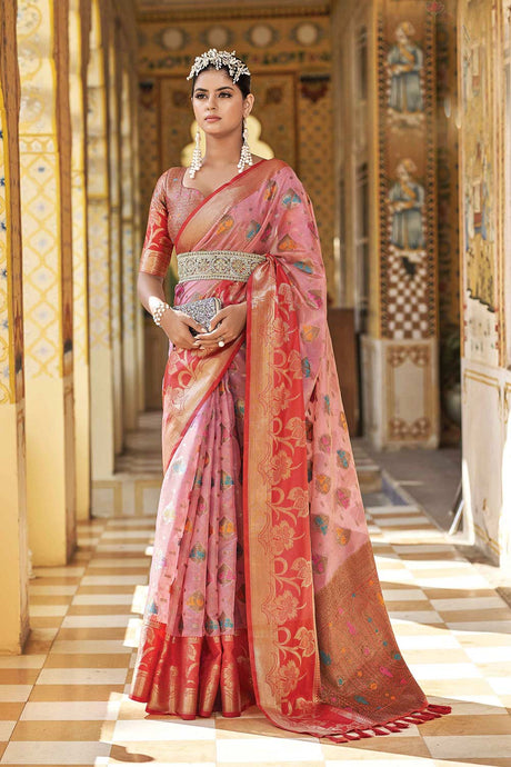 Buy Pink Tissue Silk Printed Woven Design Saree Online - KARMAPLACE