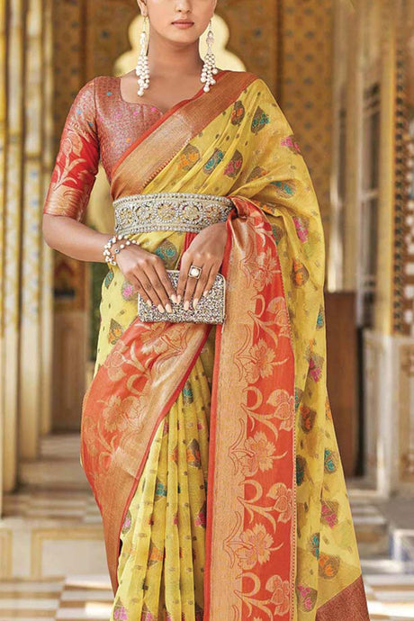 Buy Yellow Tissue Silk Printed Woven Design Saree Online - KARMAPLACE