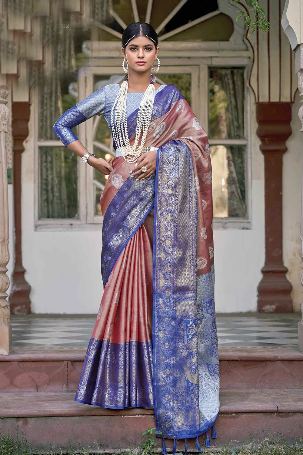 Buy Brown Tissue Silk Woven Design with Tassels Work Saree Online - KARMAPLACE