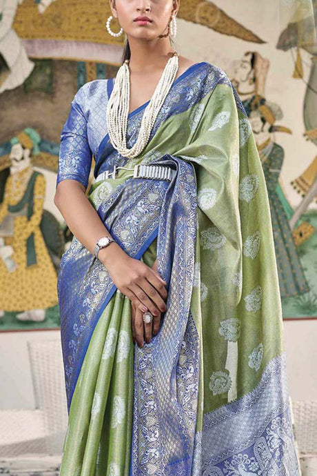 Buy Green Tissue Silk Woven Design with Tassels Work Saree Online - KARMAPLACE