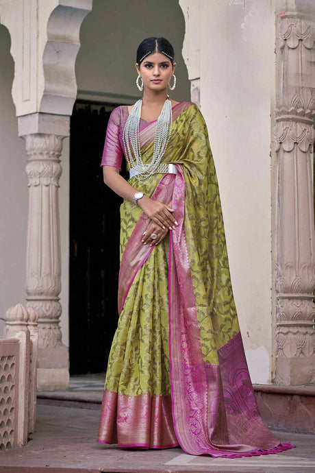 Buy Green Tissue Silk Woven Design with Tassels Work Saree Online - KARMAPLACE