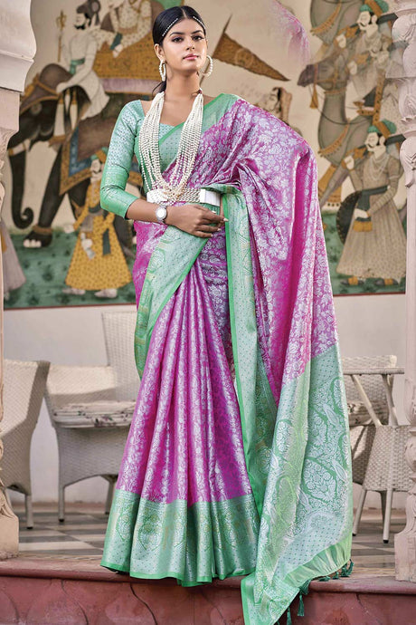 Buy Pink Tissue Silk Woven Design with Tassels Work Saree Online - KARMAPLACE