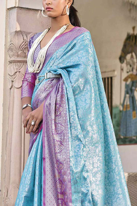 Buy Aqua Blue Tissue Silk Woven Design with Tassels Work Saree Online - KARMAPLACE