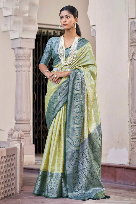 Buy Pista Green Tissue Silk Woven Design with Tassels Work Saree Online - KARMAPLACE