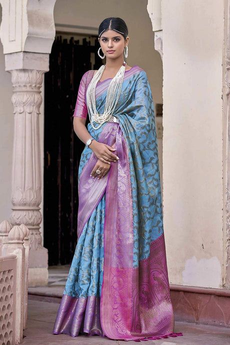 Buy Blue Tissue Silk Woven Design with Tassels Work Saree Online - KARMAPLACE