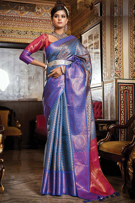 Buy Blue Kanjivaram Silk Woven Design with Tassels Work Saree Online - KARMAPLACE