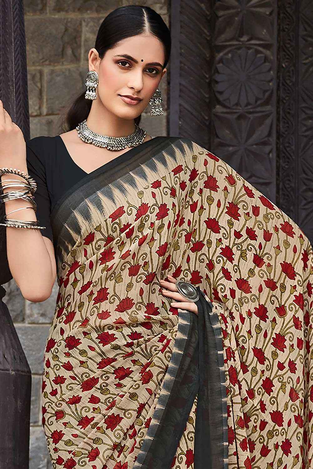 Georgette Cream Printed Designer Saree