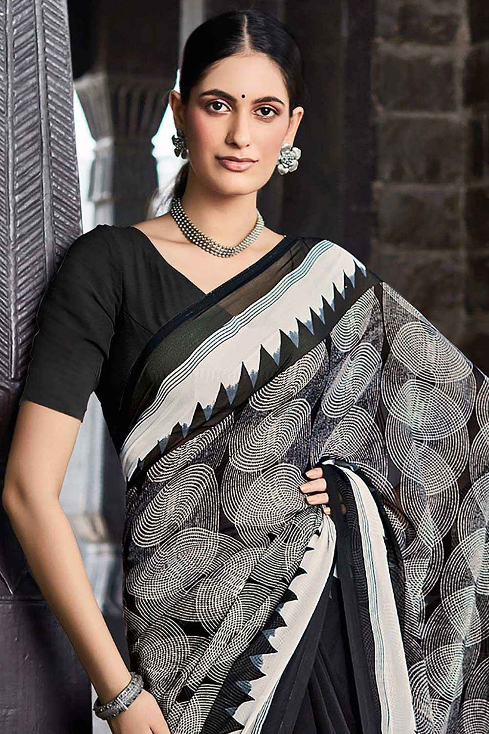 Georgette Black Printed Designer Saree