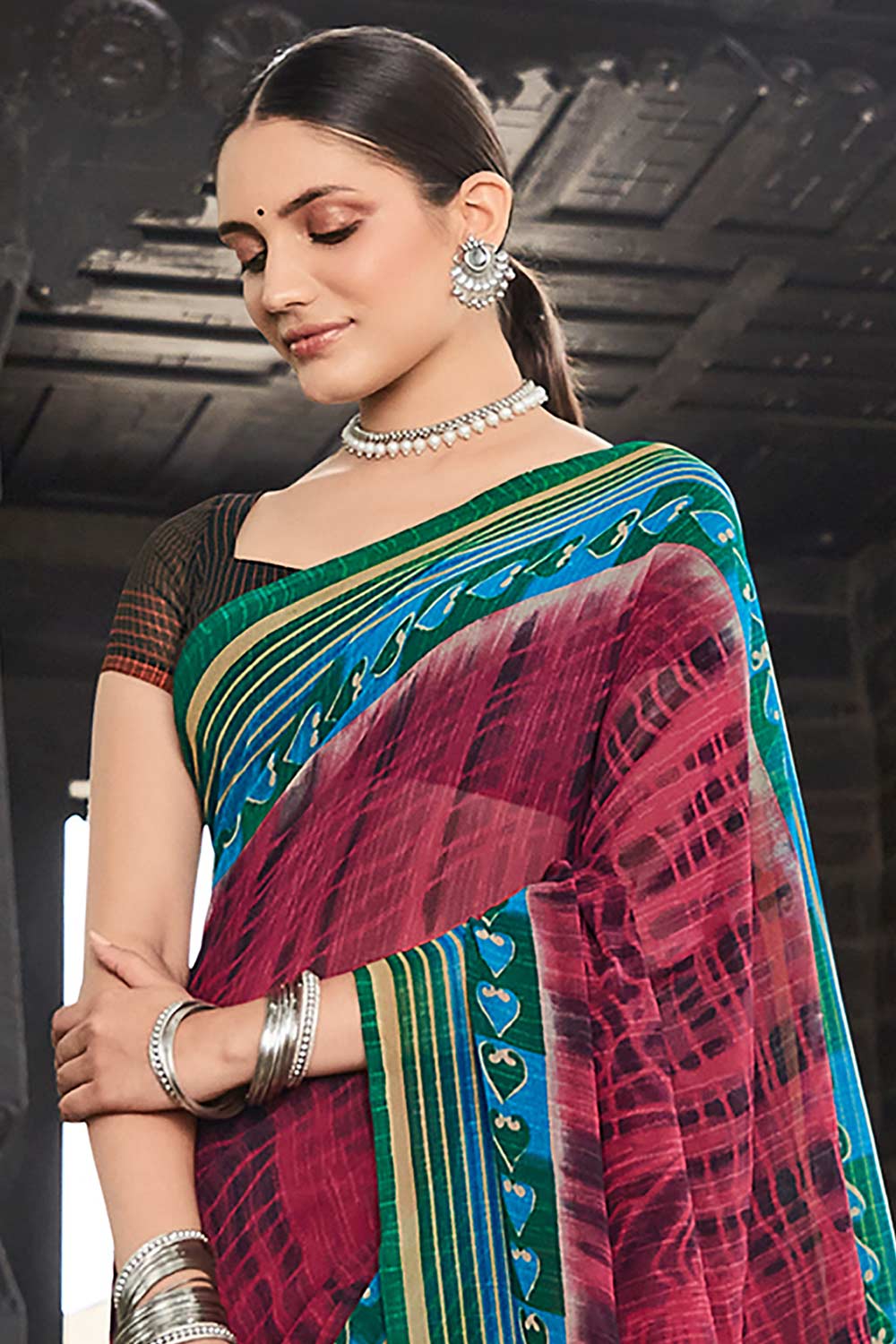 Georgette Burgundy Printed Designer Saree