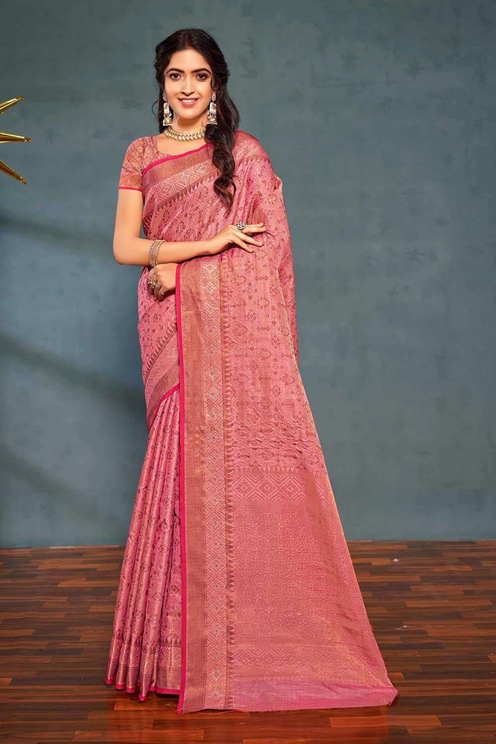 Buy Pink Banarasi Silk Floral Zari Saree Online