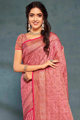 Buy Pink Banarasi Silk Floral Zari Saree Online - Back
