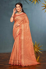Buy Peach Banarasi Silk Floral Zari Saree Online