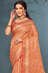 Buy Peach Banarasi Silk Floral Zari Saree Online - Back