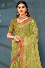 Buy Green Banarasi Silk Floral Zari Saree Online - Back