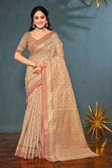 Buy Beige Banarasi Silk Floral Zari Saree Online