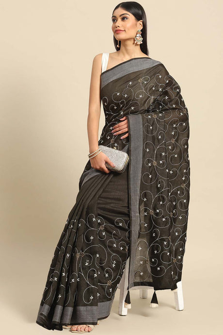 Buy Black Poly Cotton Embroidered Saree Online - KARMAPLACE