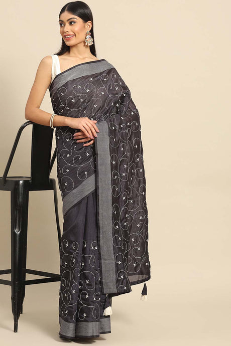 Buy Grey Poly Cotton Embroidered Saree Online - KARMAPLACE