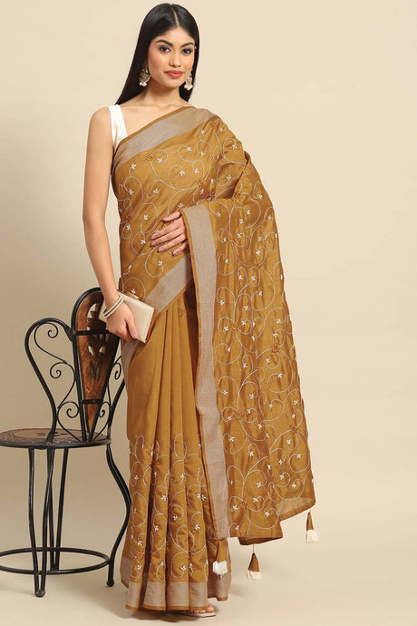 Buy Yellow Poly Cotton Embroidered Saree Online - KARMAPLACE