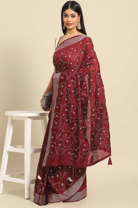 Buy Maroon Poly Cotton Embroidered Saree Online - KARMAPLACE