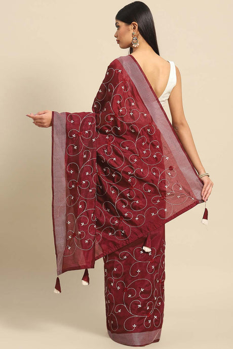 Buy Maroon Poly Cotton Embroidered Saree Online - KARMAPLACE