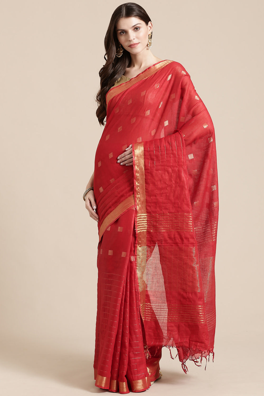 Buy Linen Woven Saree in Red