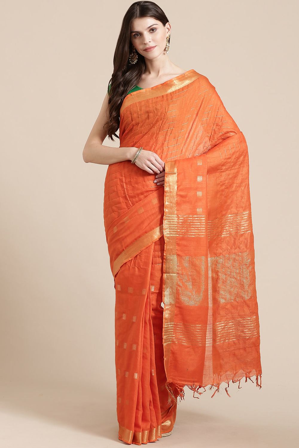 Buy Linen Woven Saree in Orange