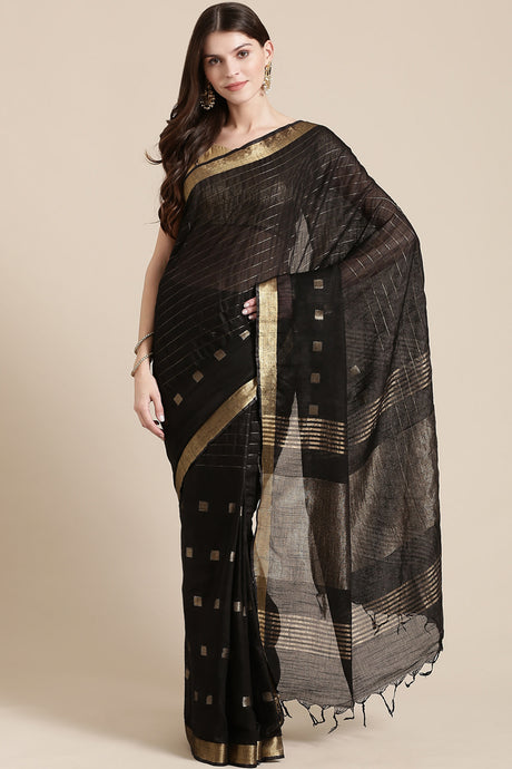 Buy Linen Woven Saree in Black