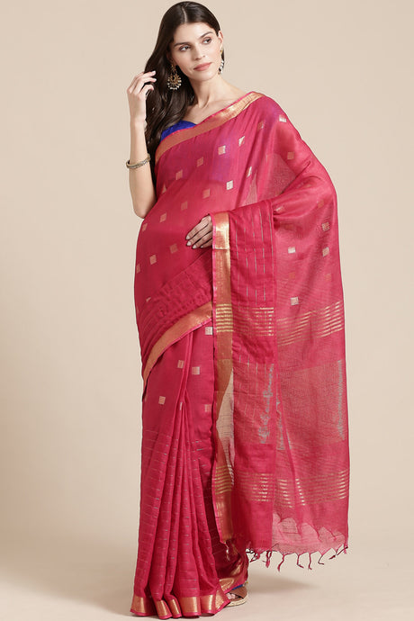 Buy Linen Woven Saree in Pink