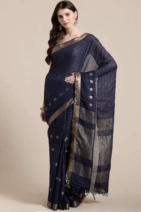 Buy Linen Woven Saree in Blue