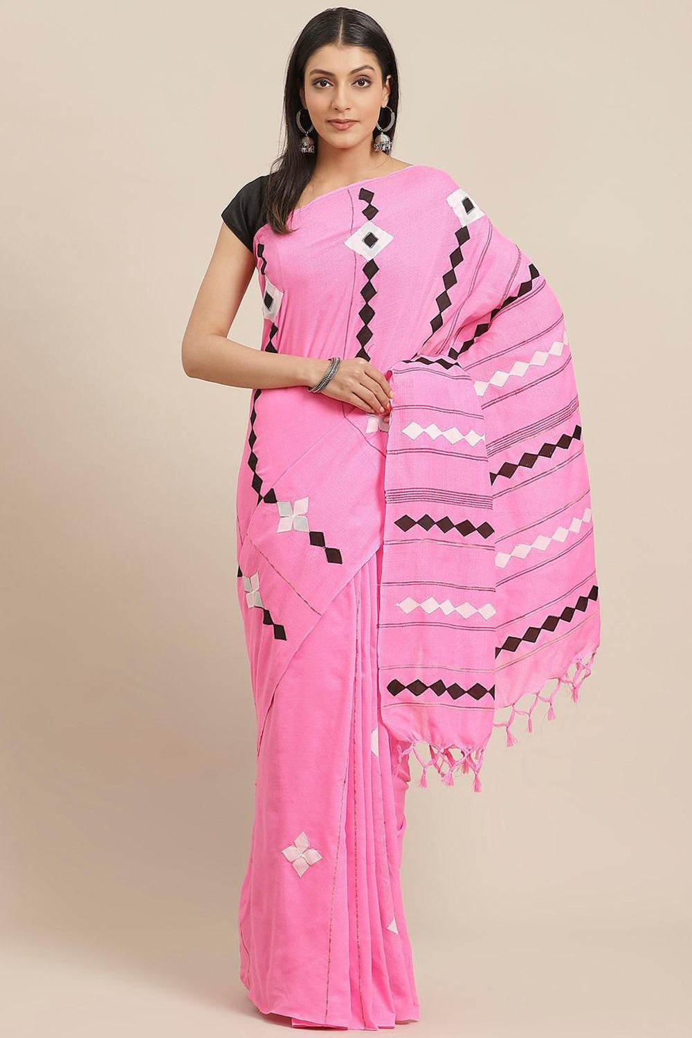 Buy Cotton Blend Woven Saree in Pink