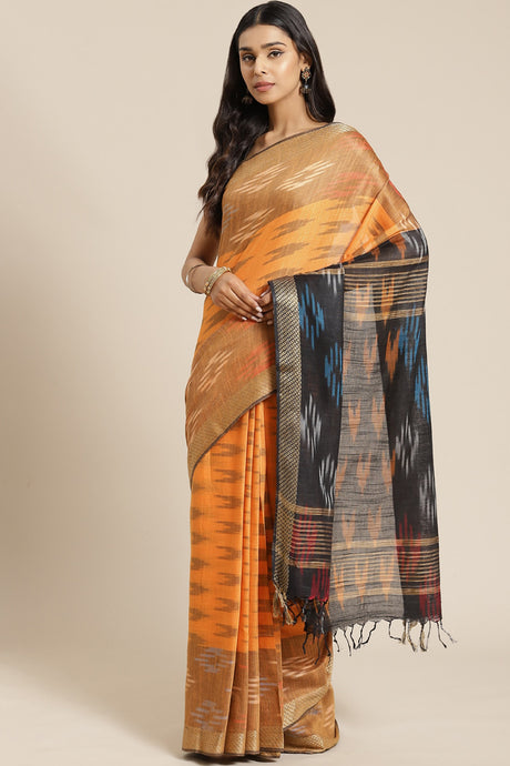 Buy Linen Woven Saree in Orange