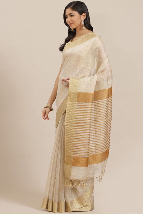 Buy Linen Woven Saree in Off White