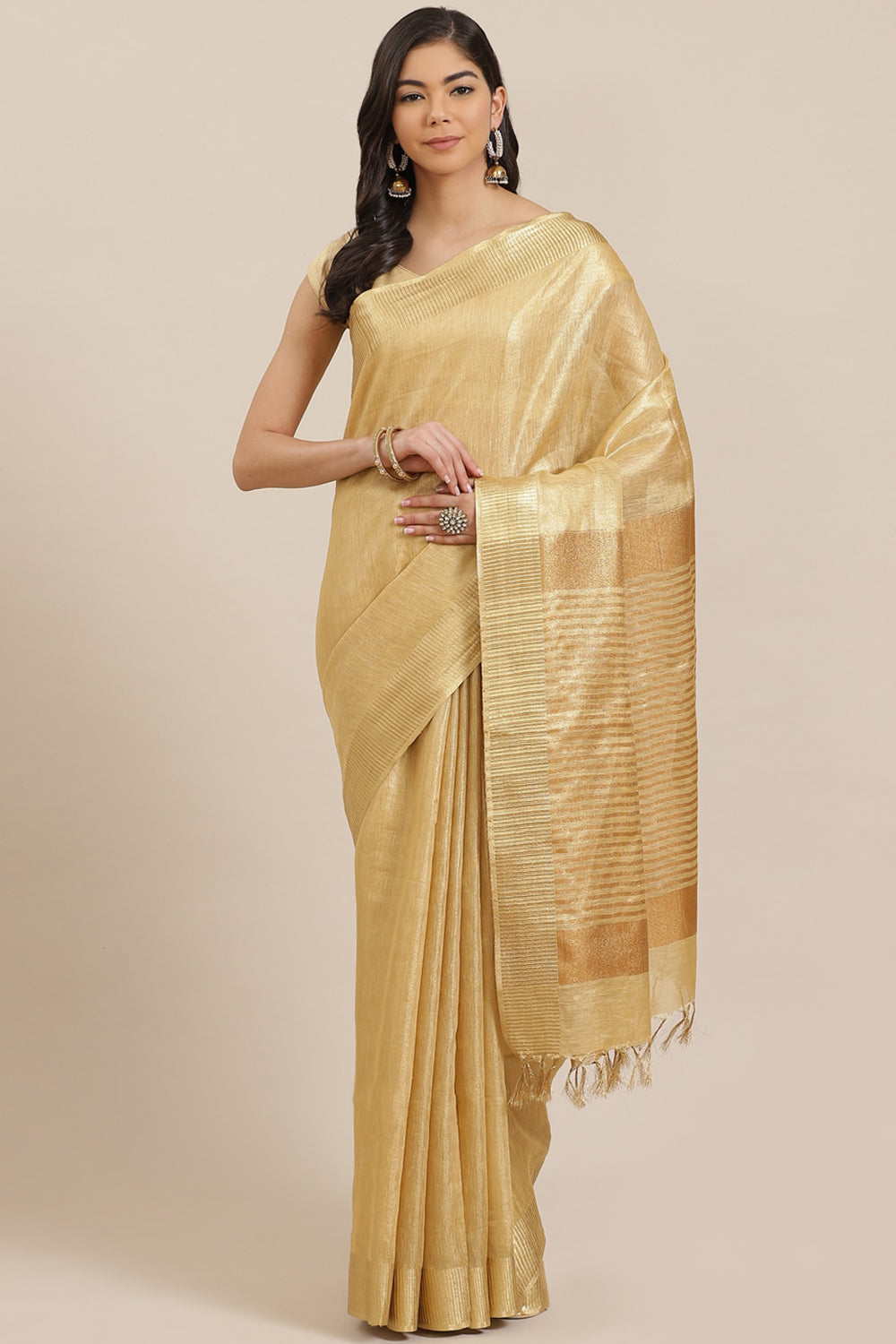 Buy Linen Woven Saree in Gold